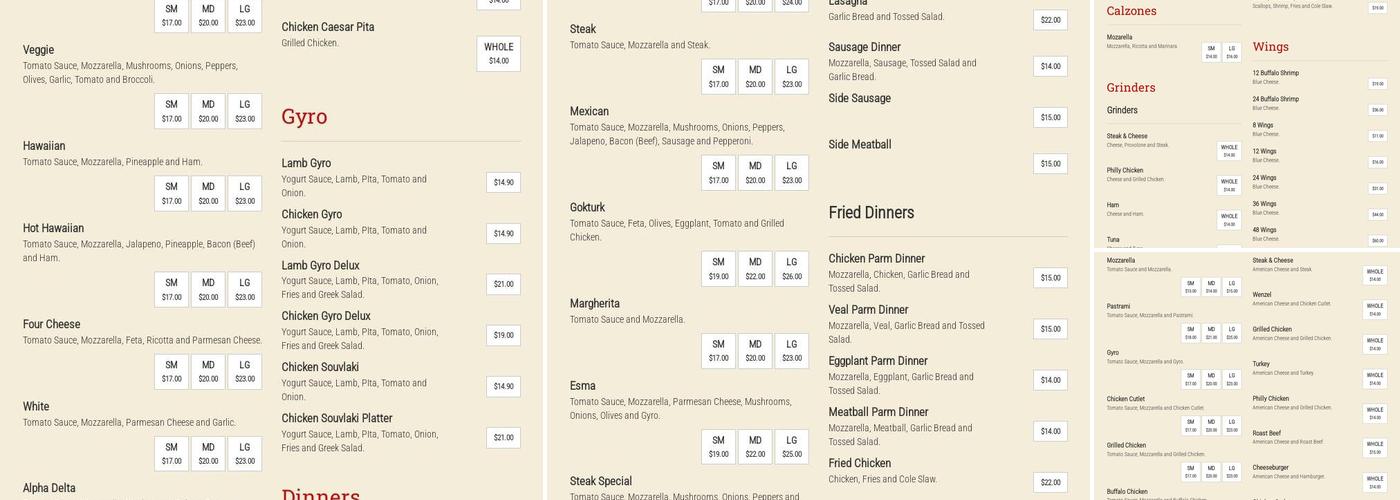 Alpha Delta Pizza Menu