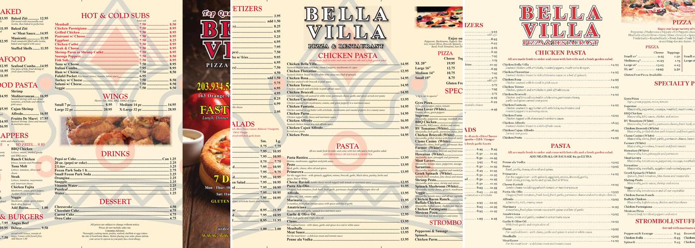Bella Villa Pizza Menu