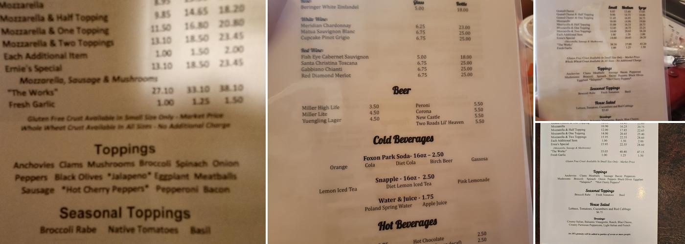 Ernie's Pizzeria Menu