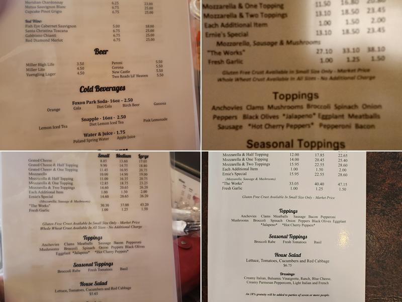 Ernie's Pizzeria Menu