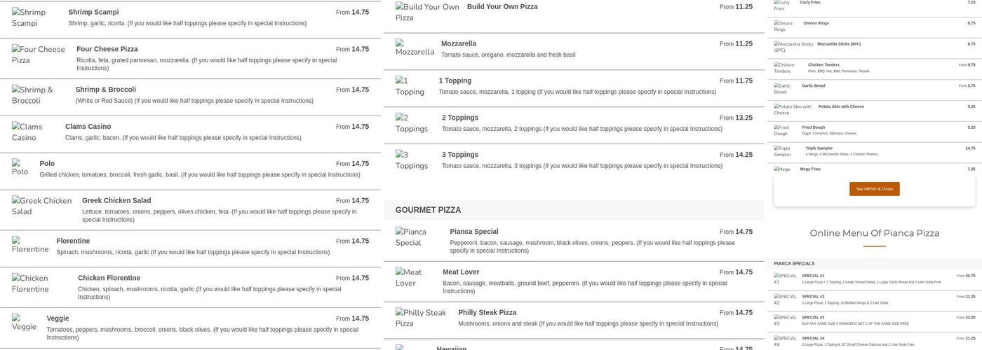 Pianca Pizza Menu