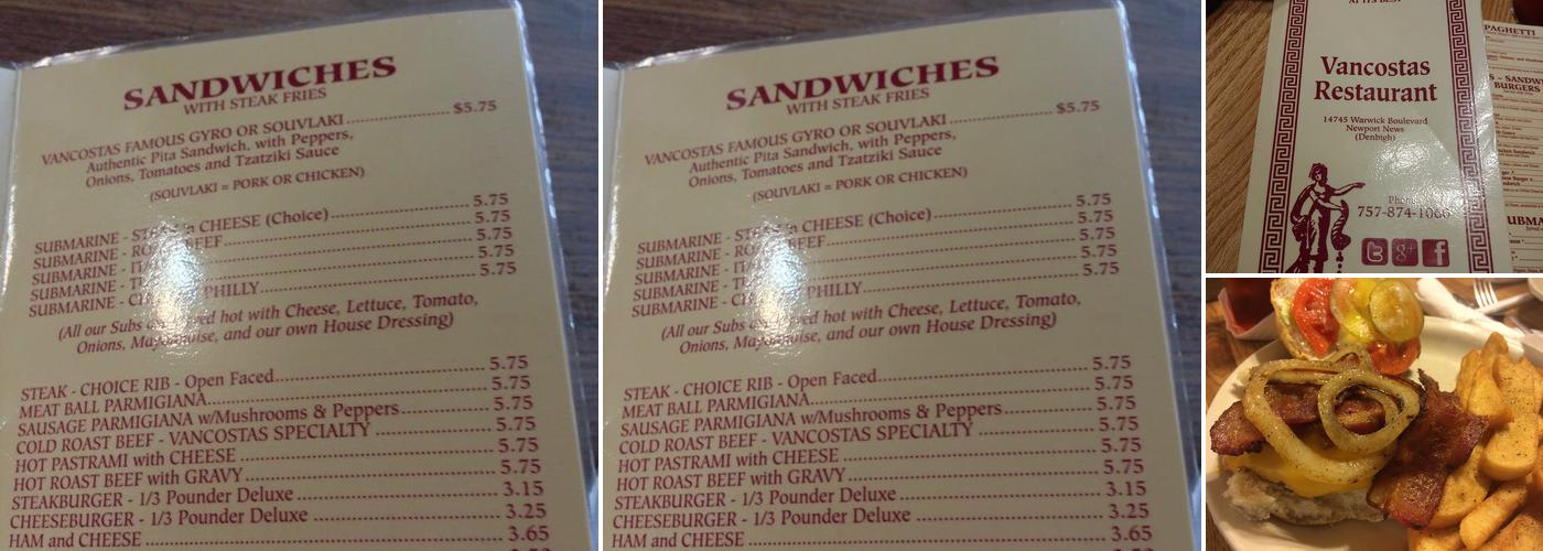 Vancostas Restaurant Menu