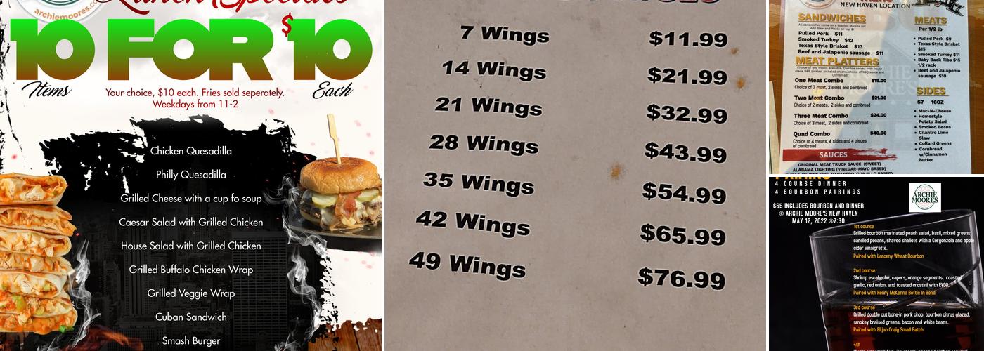 Archie Moore's New Haven Menu