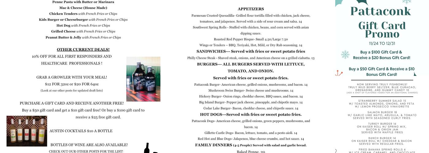 Pattaconk 1850 Bar & Grille Menu