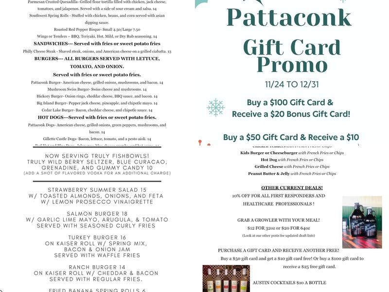Pattaconk 1850 Bar & Grille Menu