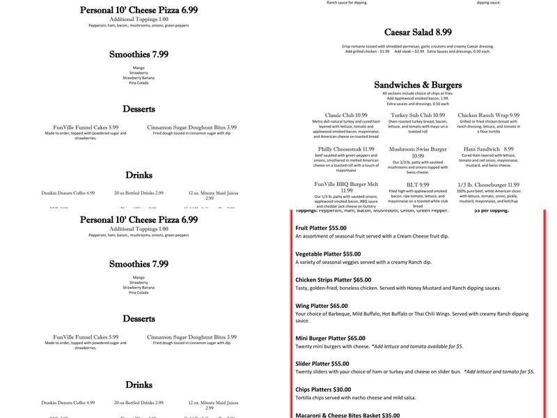 FunVille Playground and Cafe - Chesapeake, VA Menu