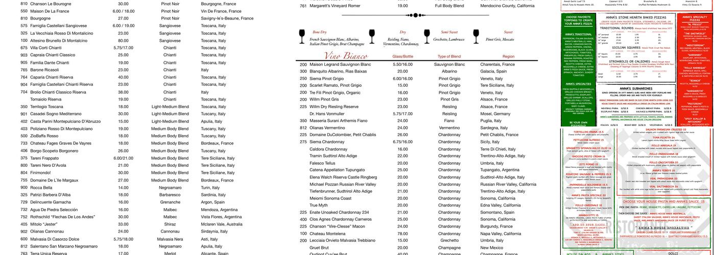 Anna's Ristorante Pasta, Vino & Pizza Menu