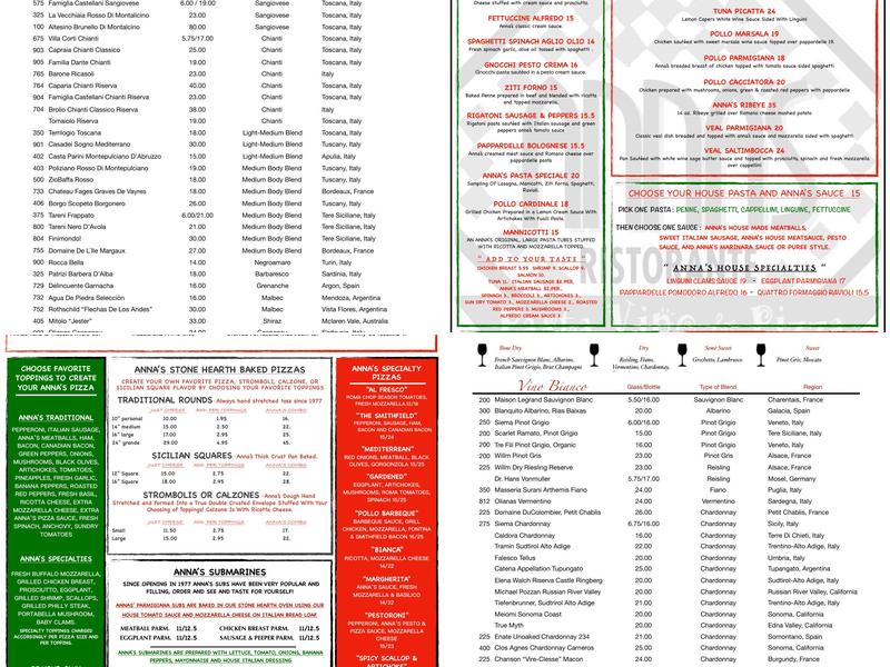 Anna's Ristorante Pasta, Vino & Pizza Menu