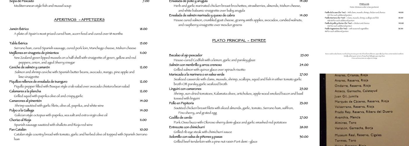 Costa del Sol Restaurant Menu