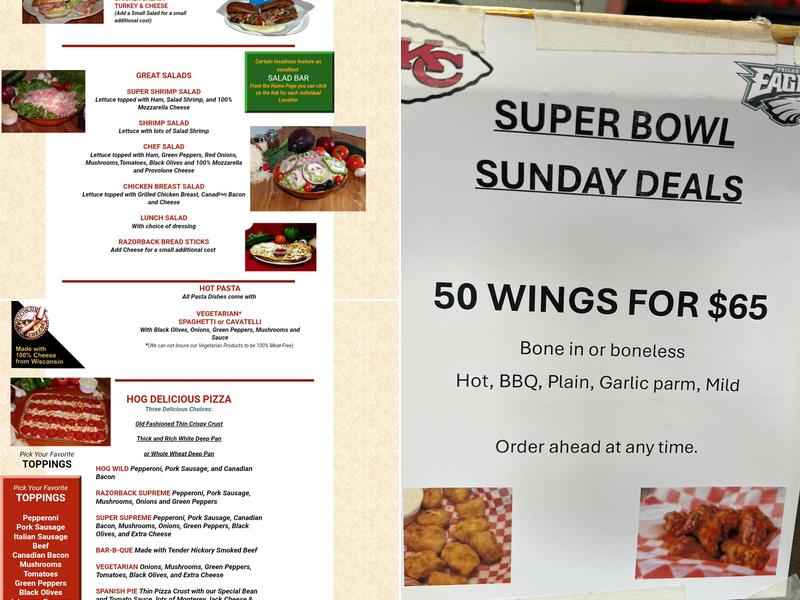 Jim's Razorback Pizza Menu