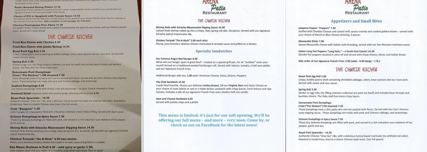Arena Patio Restaurant Menu
