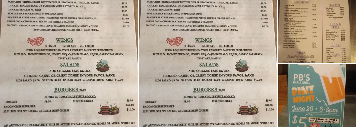 PB's Bar & Grill Menu