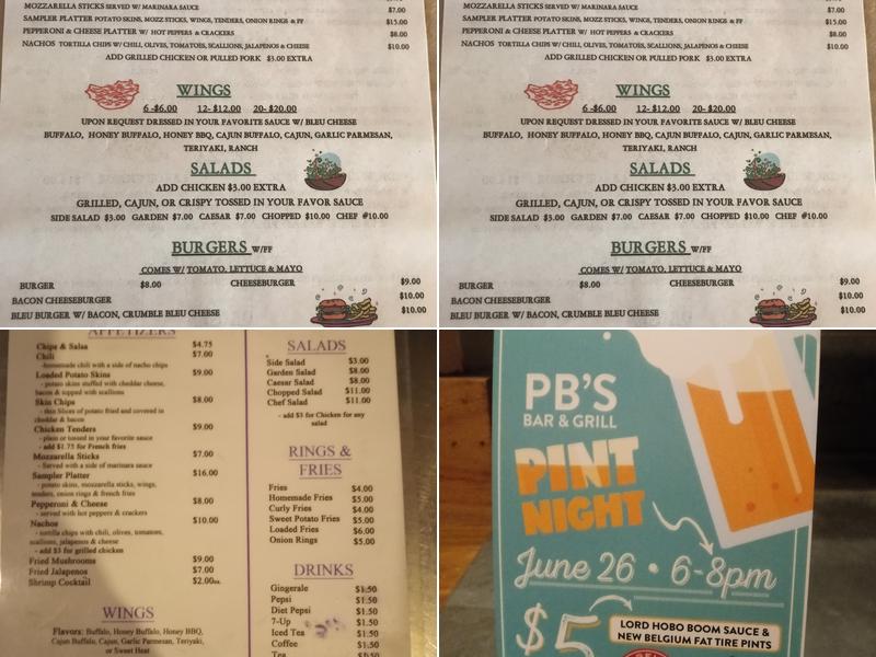 PB's Bar & Grill Menu