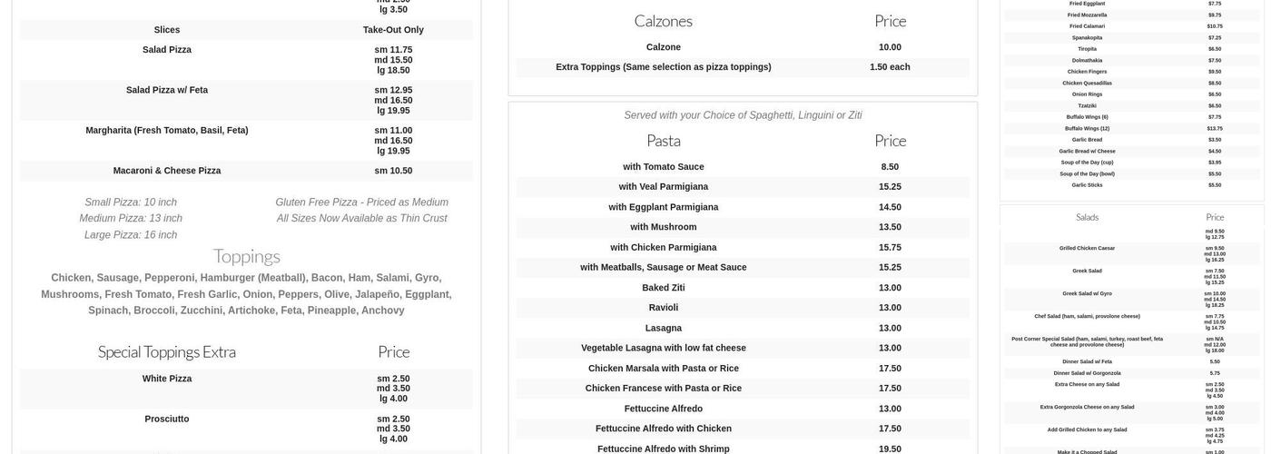 Post Corner Pizza Menu