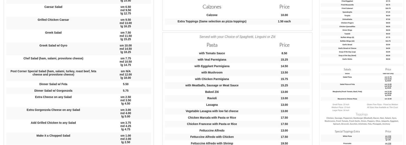 Post Corner Pizza Menu