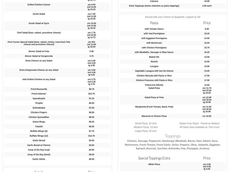 Post Corner Pizza Menu