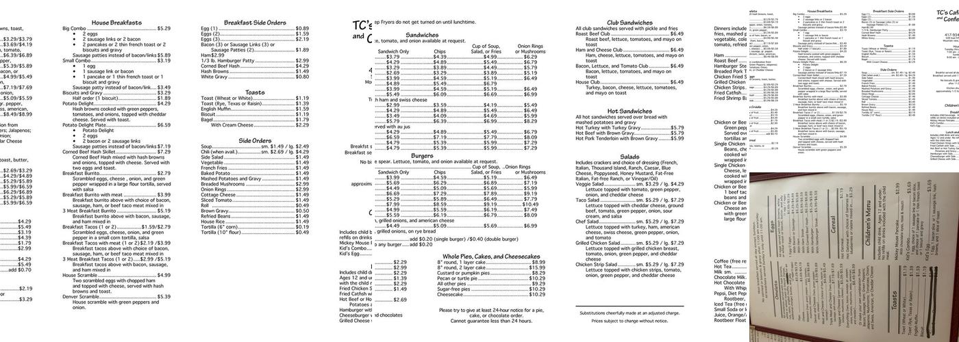 T C's Cafe & Confections Menu