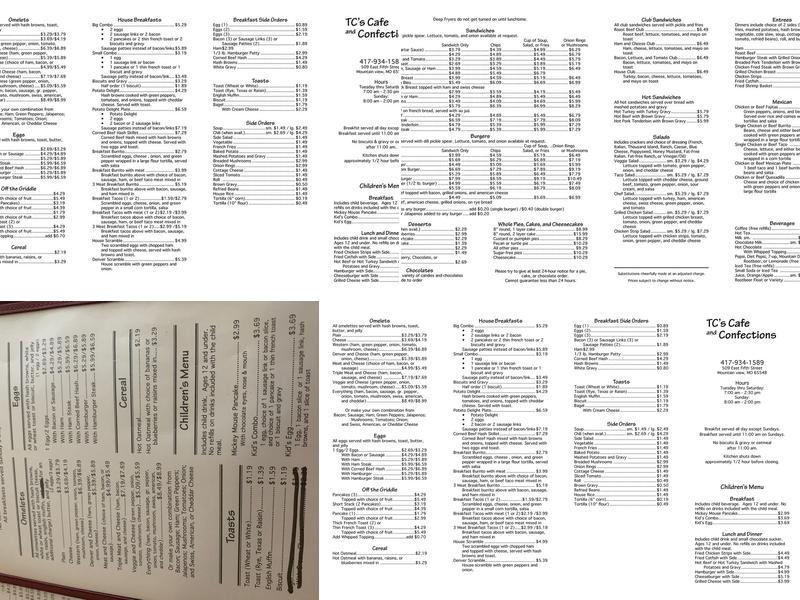 T C's Cafe & Confections Menu
