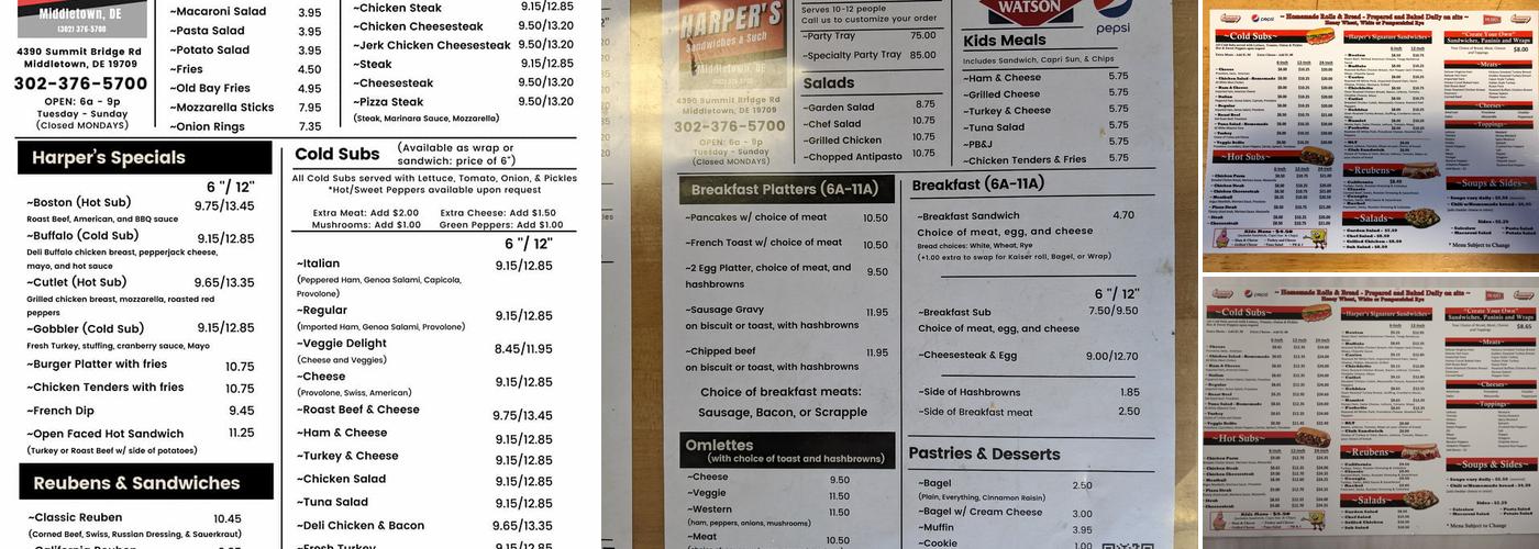 Harper's Sandwiches and Such Menu