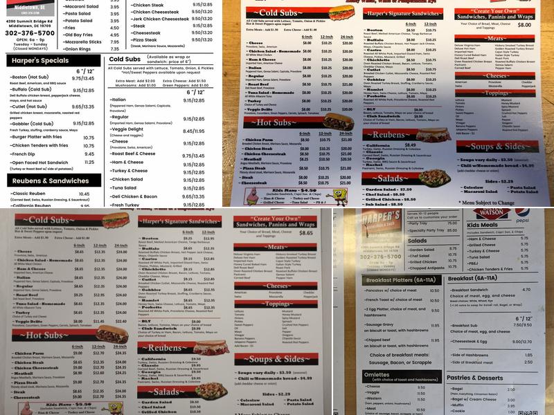 Harper's Sandwiches and Such Menu