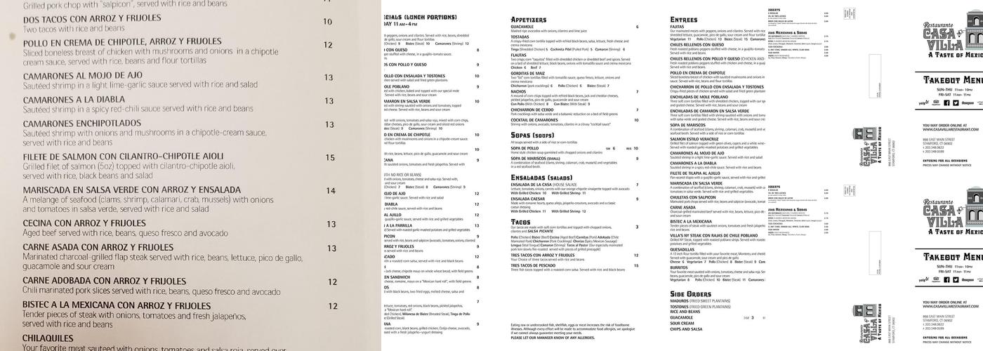 Casa Villa Express Menu