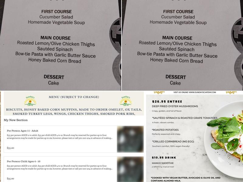 Sunday's Cafe 64 Menu