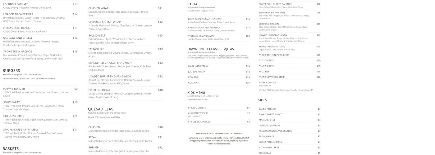 Hawk's Nest Restaurant Menu
