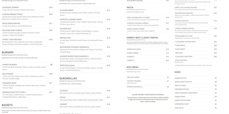 Hawk's Nest Restaurant Menu