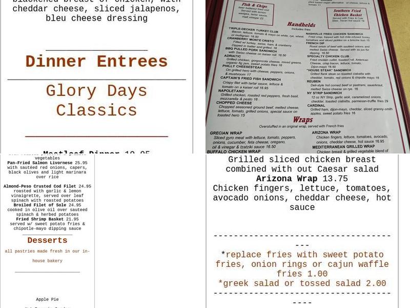 Glory Days Diner Menu