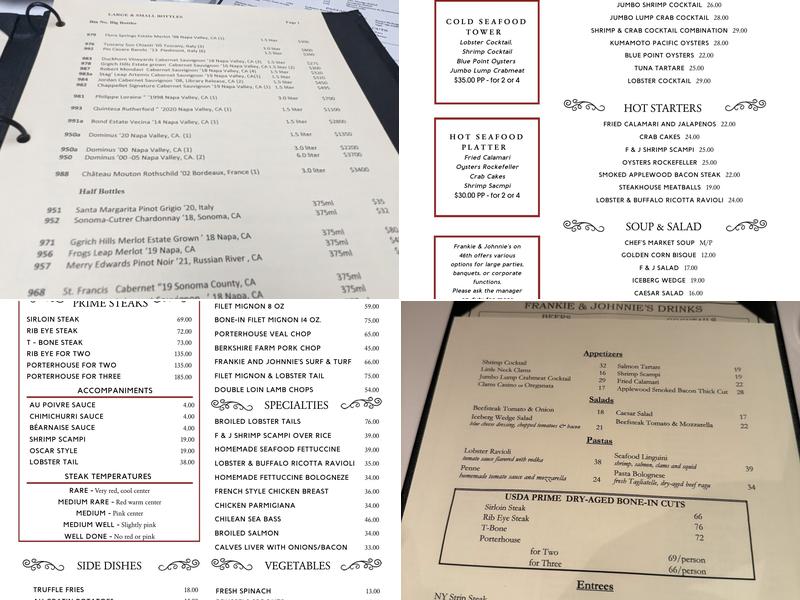 Frankie & Johnnie's Steakhouse Rye Menu