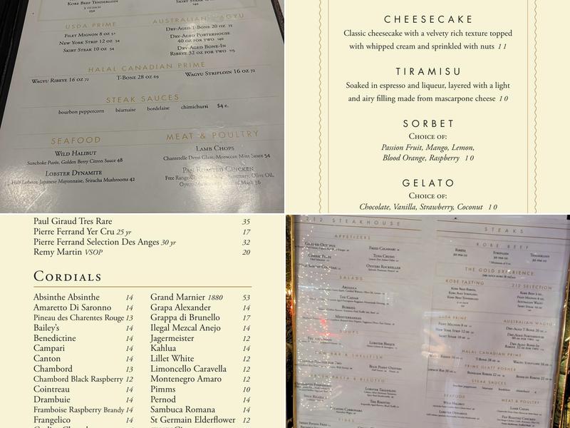 212 Steakhouse Menu