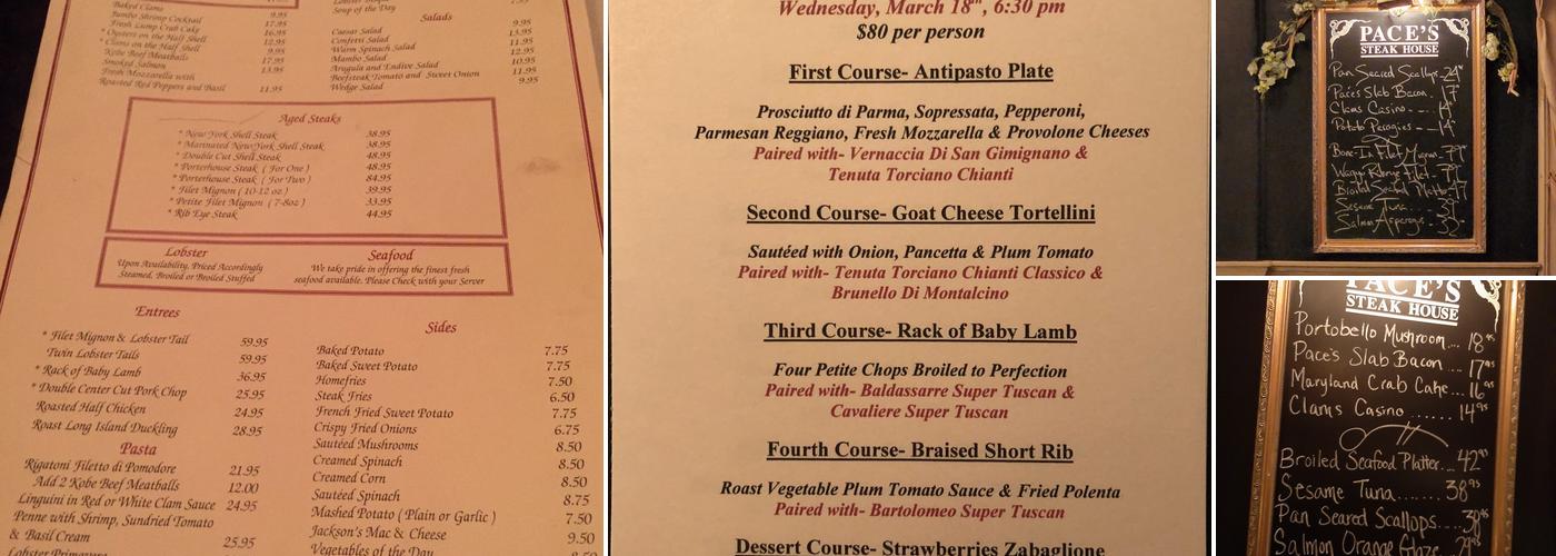 Pace's Steak House Menu