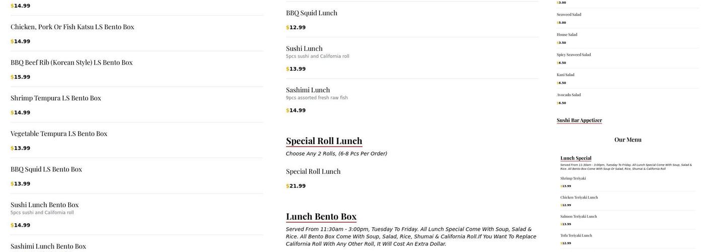 Sushi X2 Menu