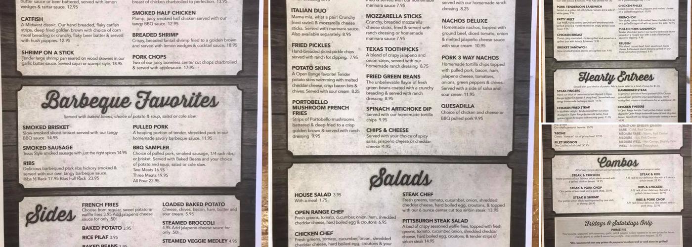 Open Range Steakhouse Menu