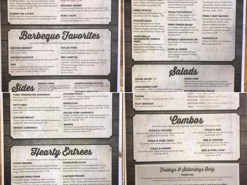 Open Range Steakhouse Menu