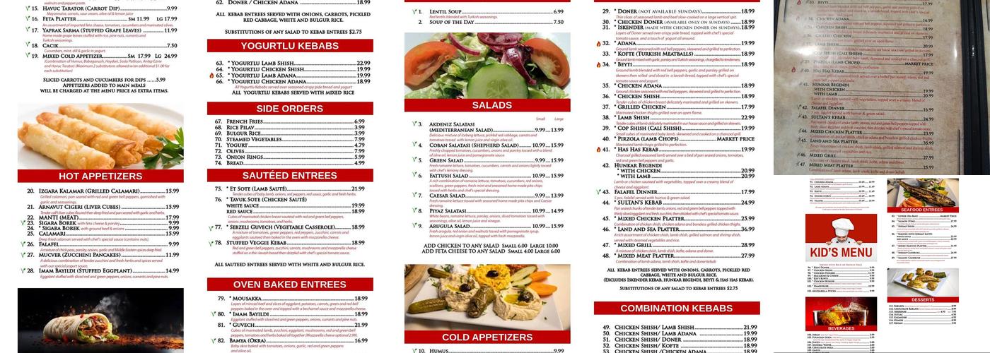 Sultan's Turkish Restaurant Menu