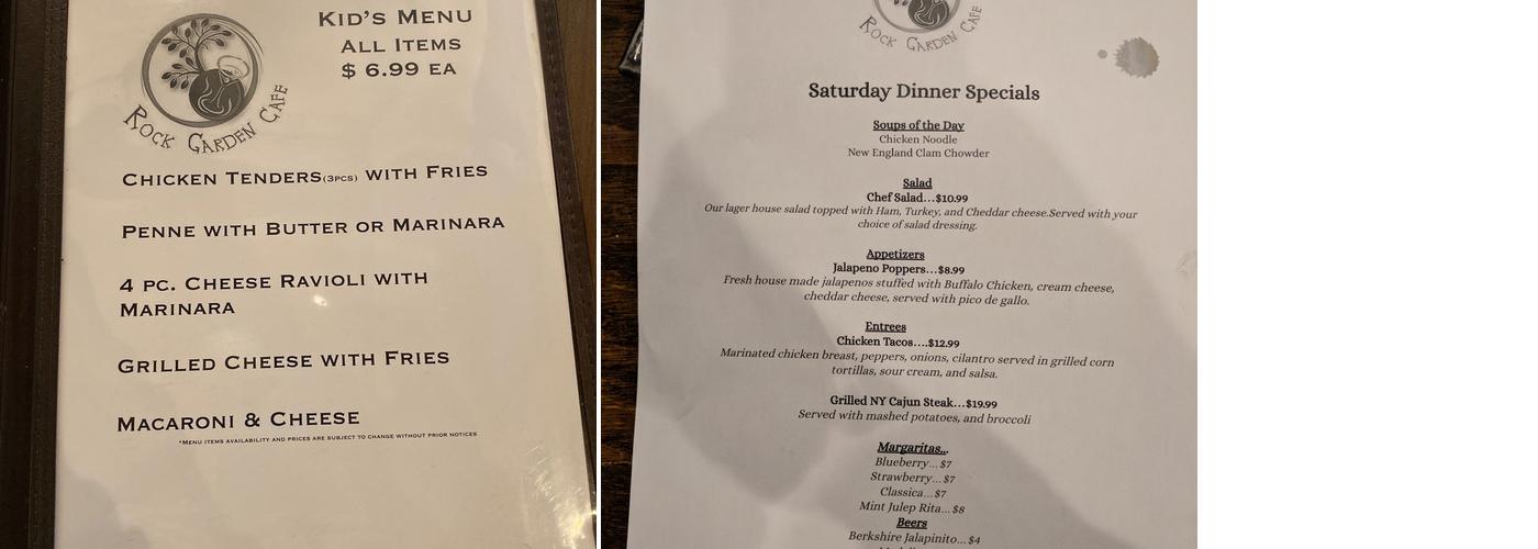 Rock Garden Cafe Menu