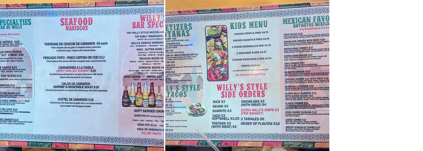 Willy's Restaurant Menu