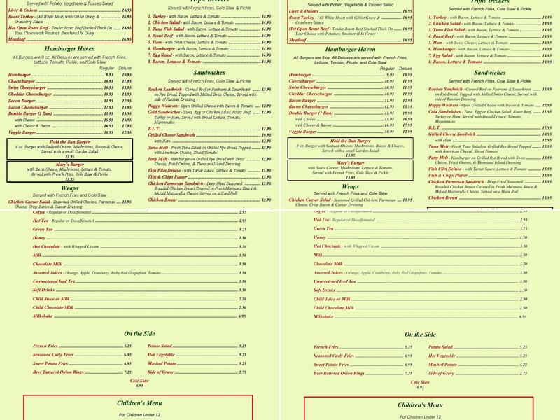 Mary's Diner Menu