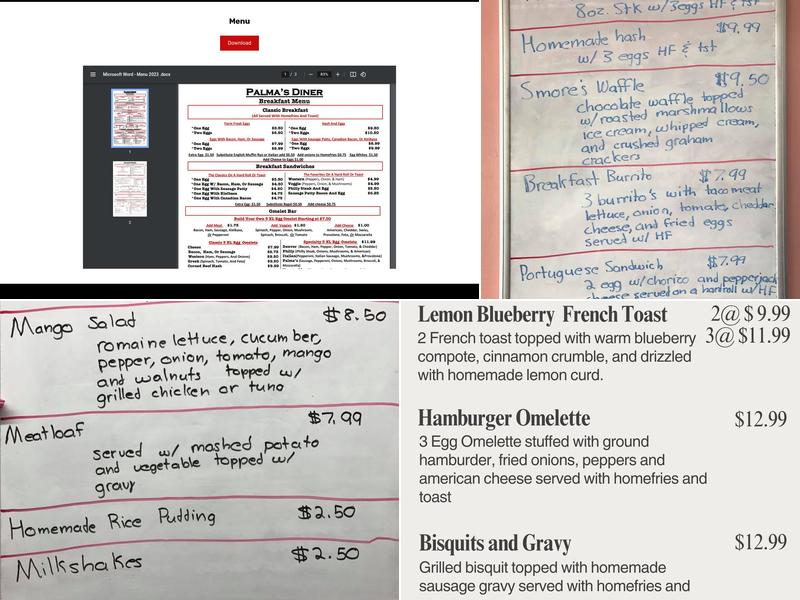 Palma's Diner Menu