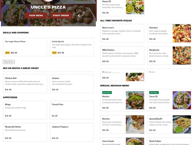 Uncle's Pizza Menu
