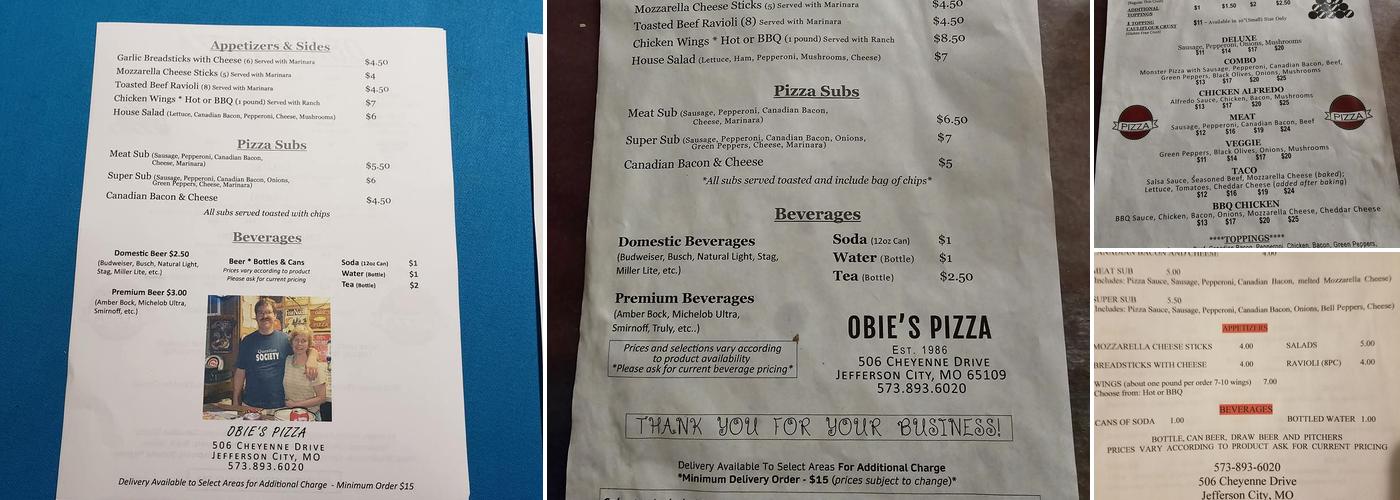 Obie's Pizza Menu