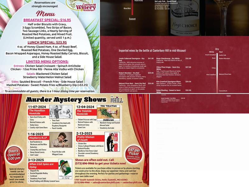 Canterbury Hill Winery and Restaurant Menu