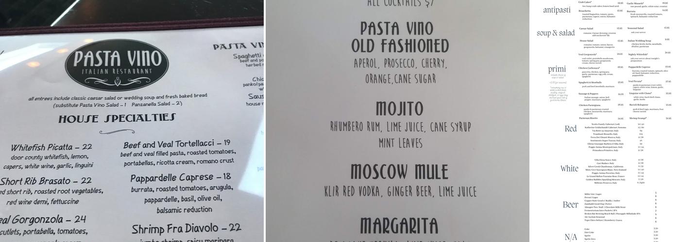 Pasta Vino Menu