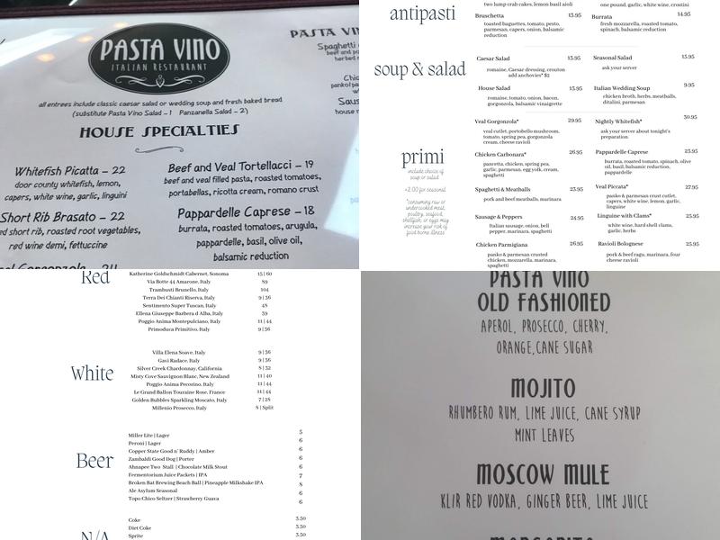 Pasta Vino Menu