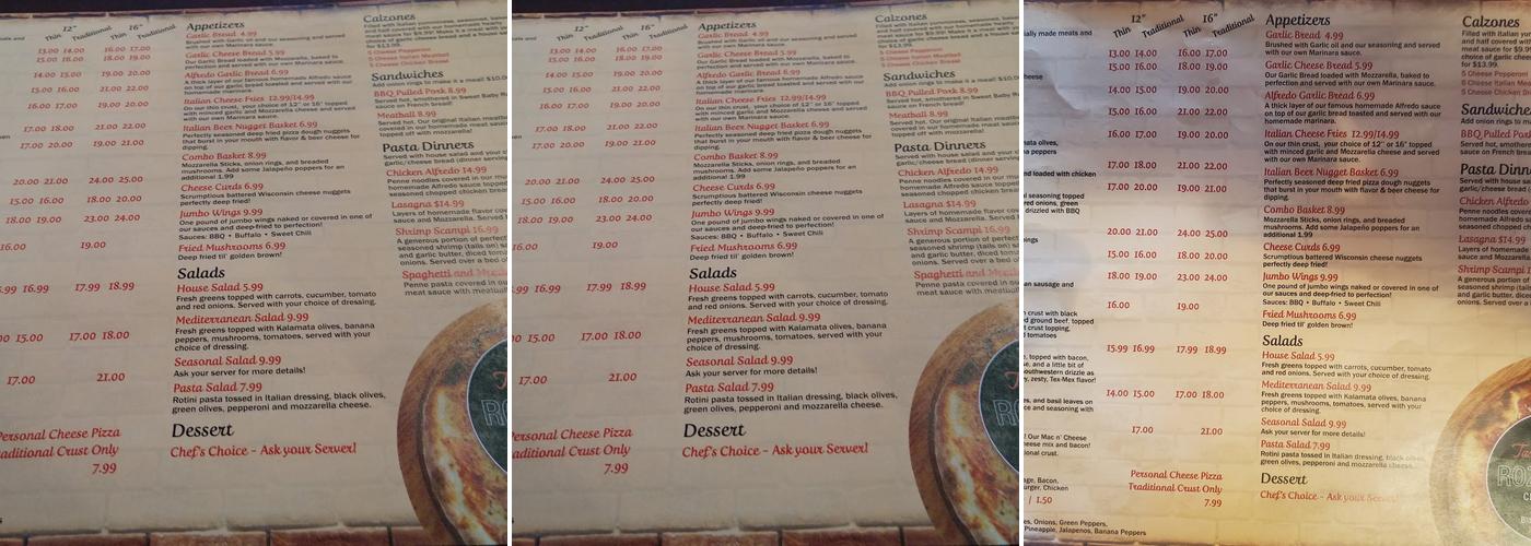 Rozario's Craft Pizzas Menu