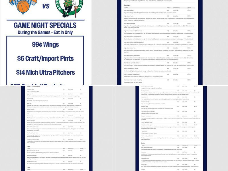 TK's American Cafe Menu