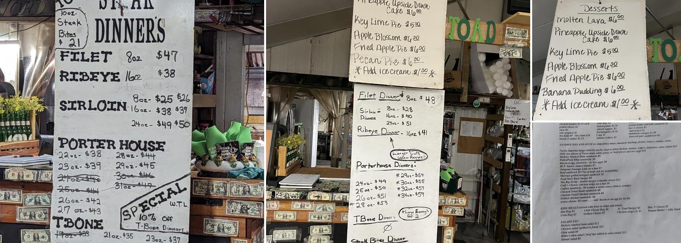 Toad Suck Bucks Menu