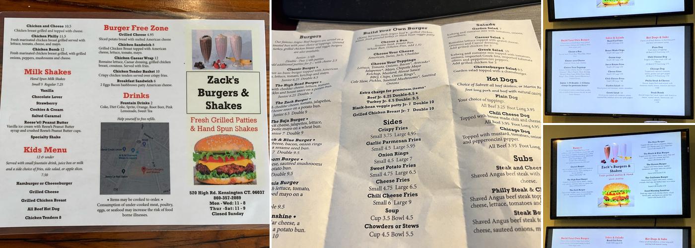 Zack's Burgers and Shakes Menu