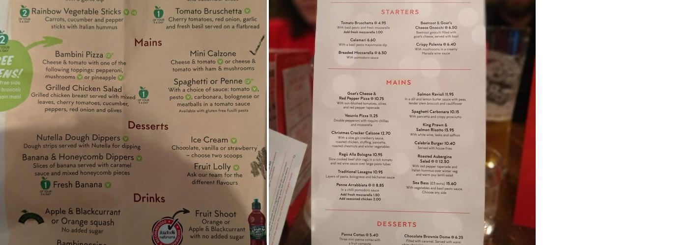 Prezzo Italian Restaurant Upminster Menu